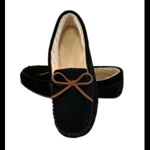 NEW Joyspun Women Moccasin Slipper Size 10 Wide Black Leather Upper Loafer